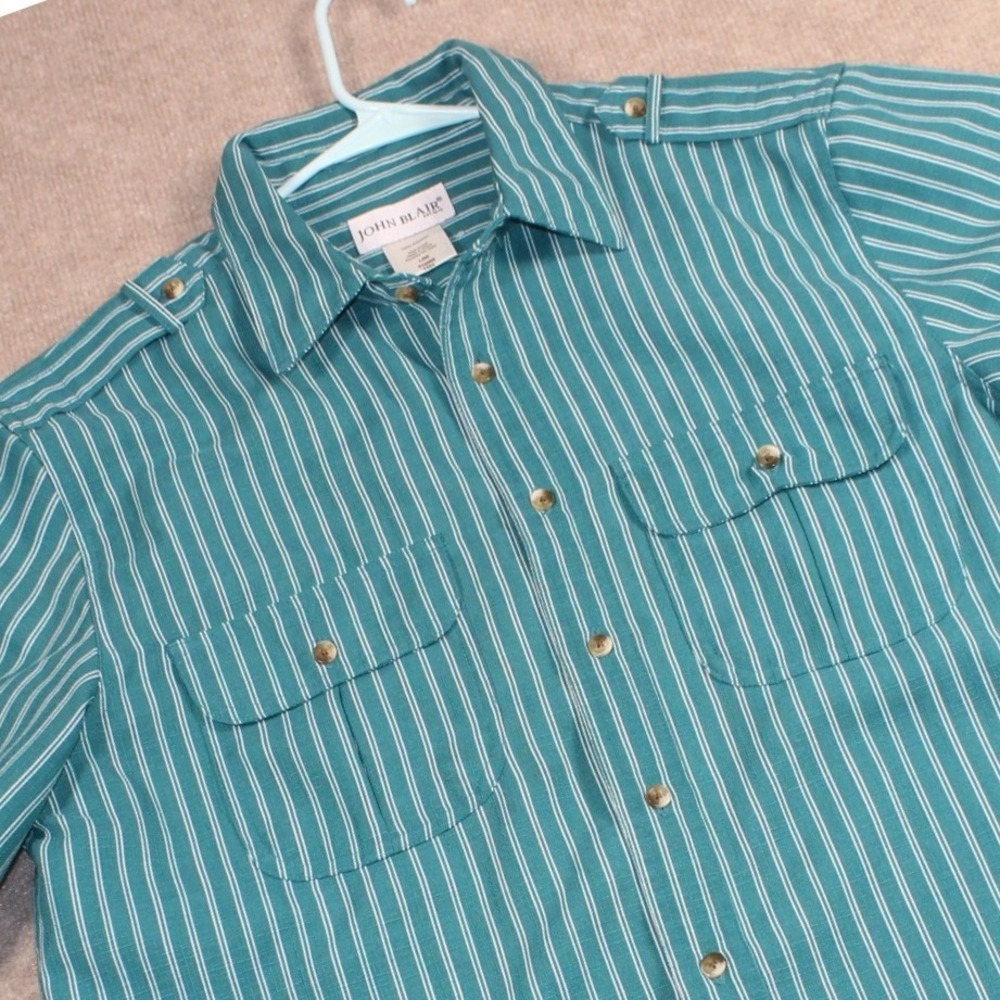 John Blair‎ Mens Large Teal Green Striped Short Sleeve Button Down Safari Shirt
